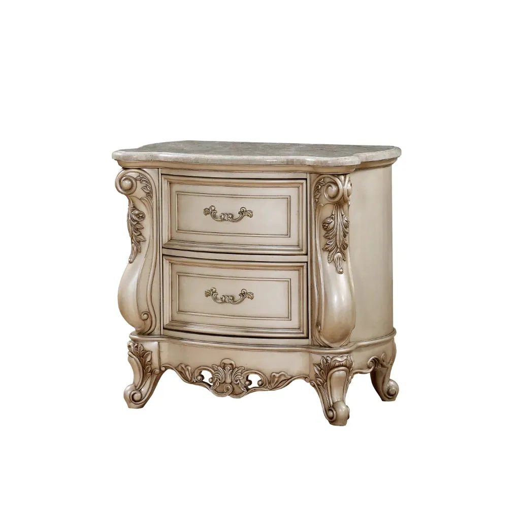 2 Drawer Nightstand With Raised Scrolled Floral Moulding, White By Benzara