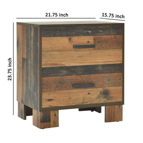 2 Drawer Rustic Nightstand With Nails And Grain Details, Dark Brown By Benzara