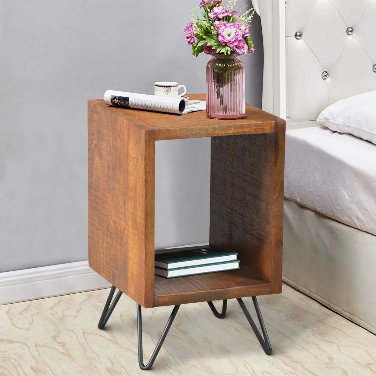 22 Inch Textured Cube Shape Wooden Nightstand With Angular Legs, Brown And Black By Benzara