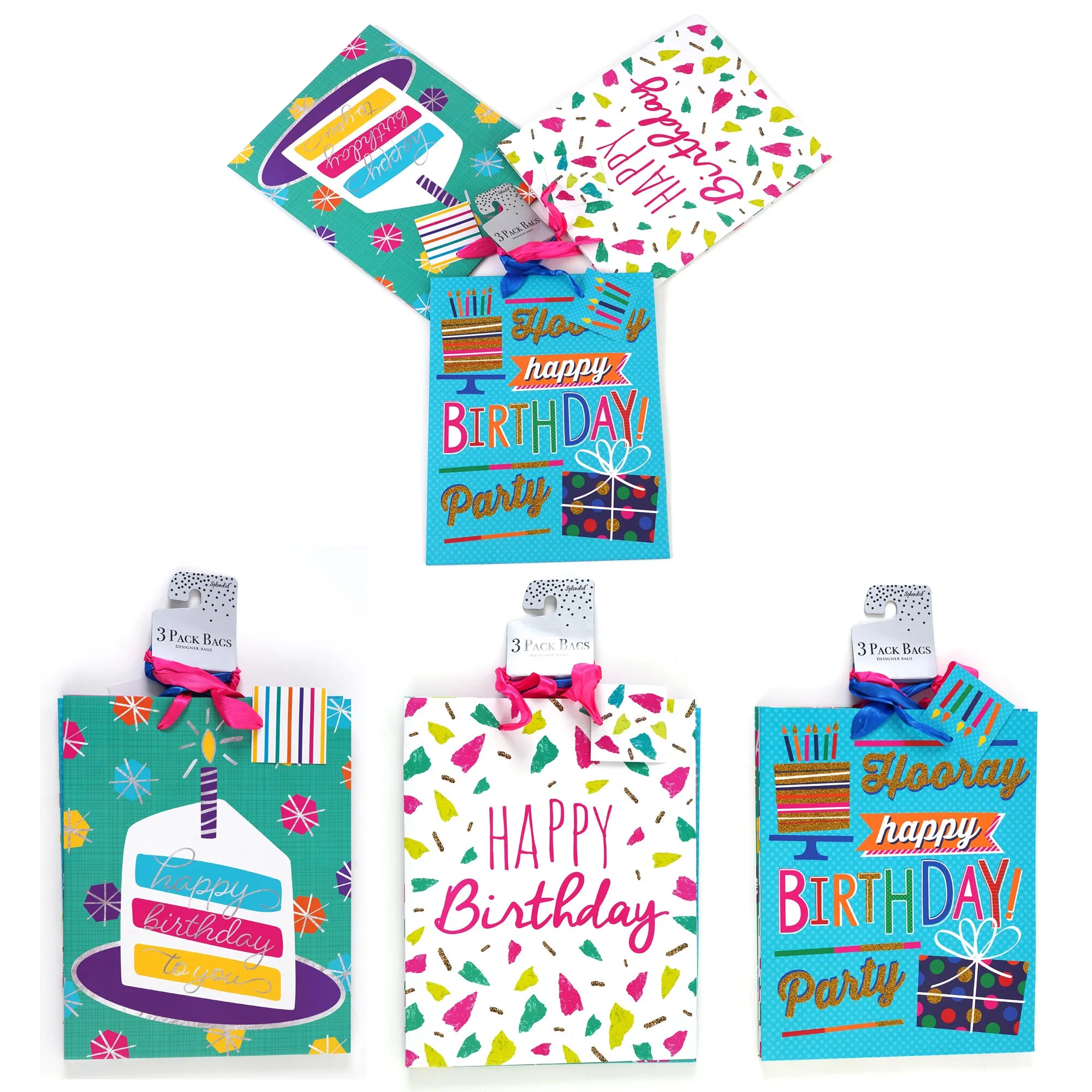 3Pk Large Birthday Partytime! Uv Varnish/Glitter Gift Bags, 3 Designs