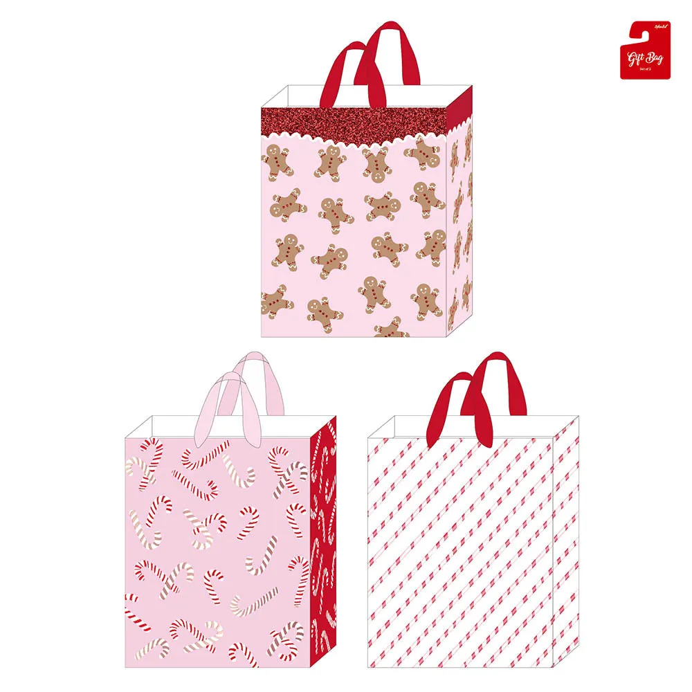 3Pk Large Christmas Gift Bags W/Glitter-Hot Stamp, Gingerbread & Candy Canes, 3 Designs