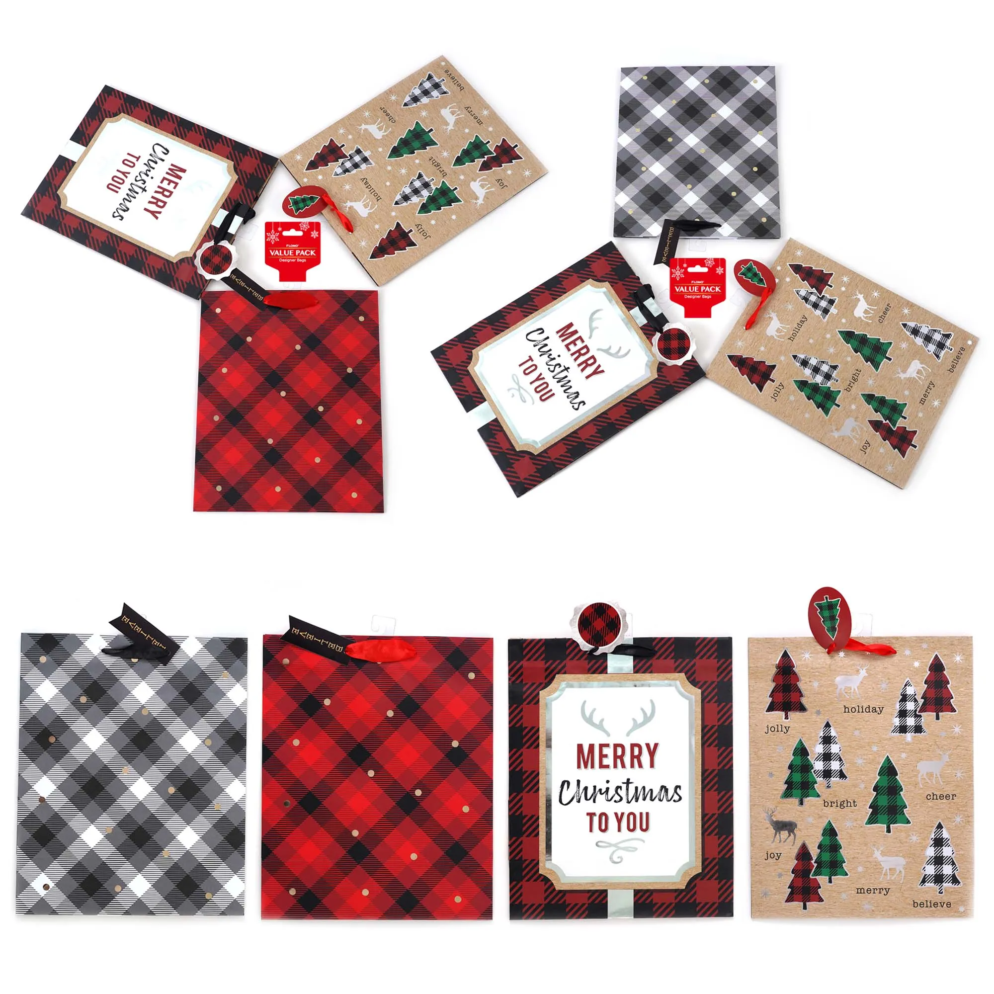 3Pk Large Plaid Christmas Trees Hot Stamp Bag, 4 Designs