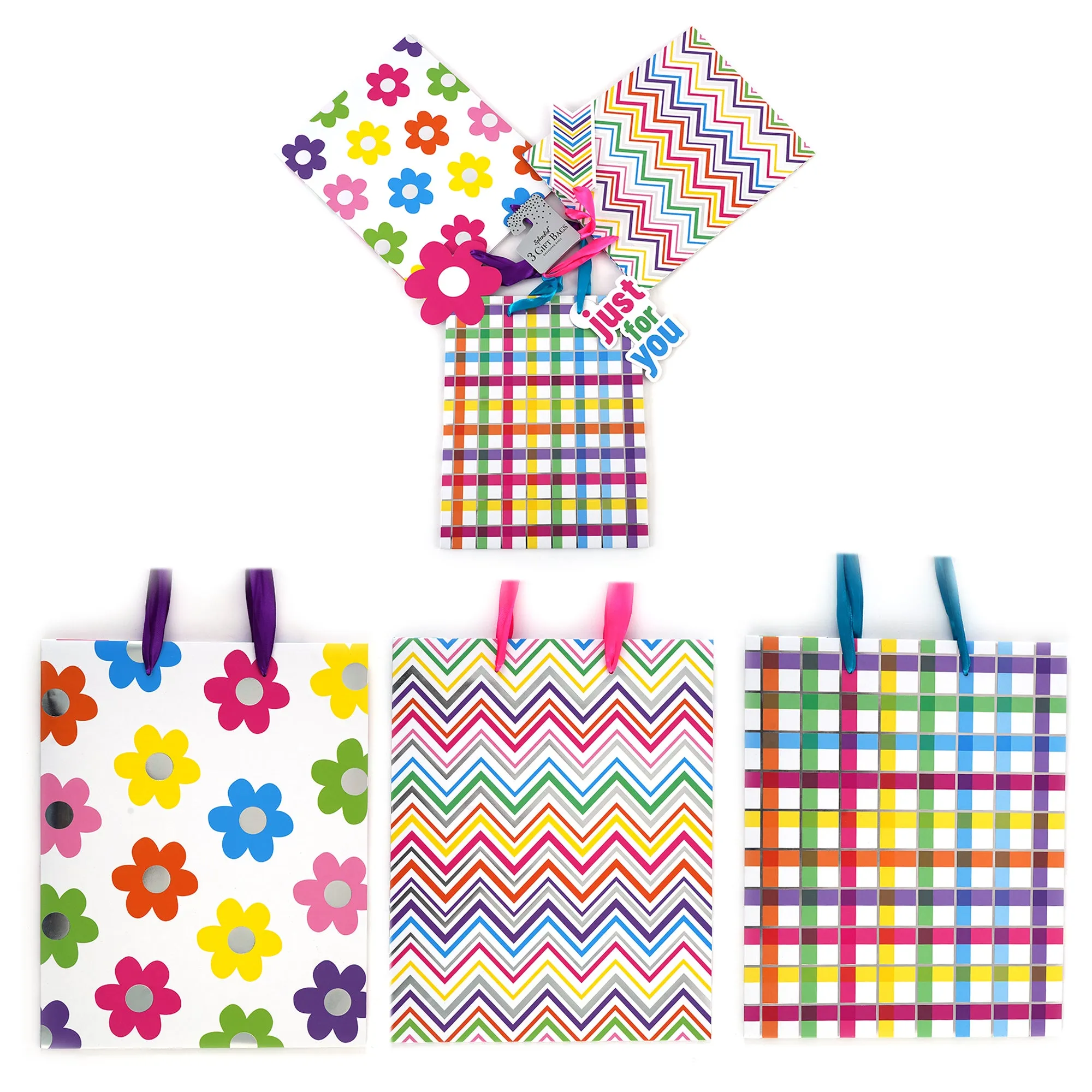 3Pk Large Spring Geometrics Hot Stamp Gift Bags, 3 Designs