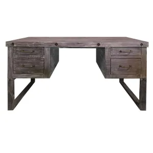 61 Inch Rustic Style Home Office Desk, Brazilian Pine, 4 Drawers, Distressed Gray