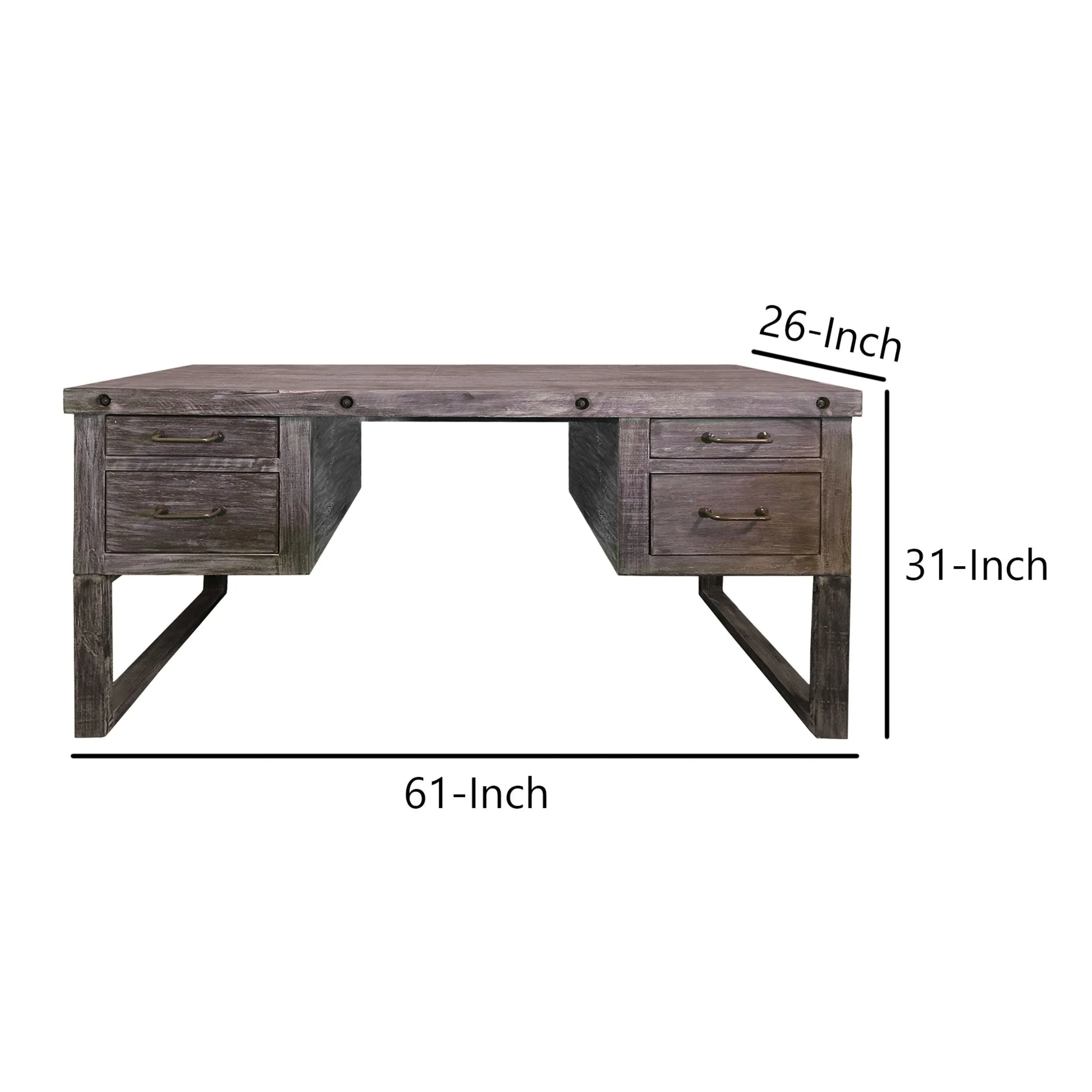 61 Inch Rustic Style Home Office Desk, Brazilian Pine, 4 Drawers, Distressed Gray