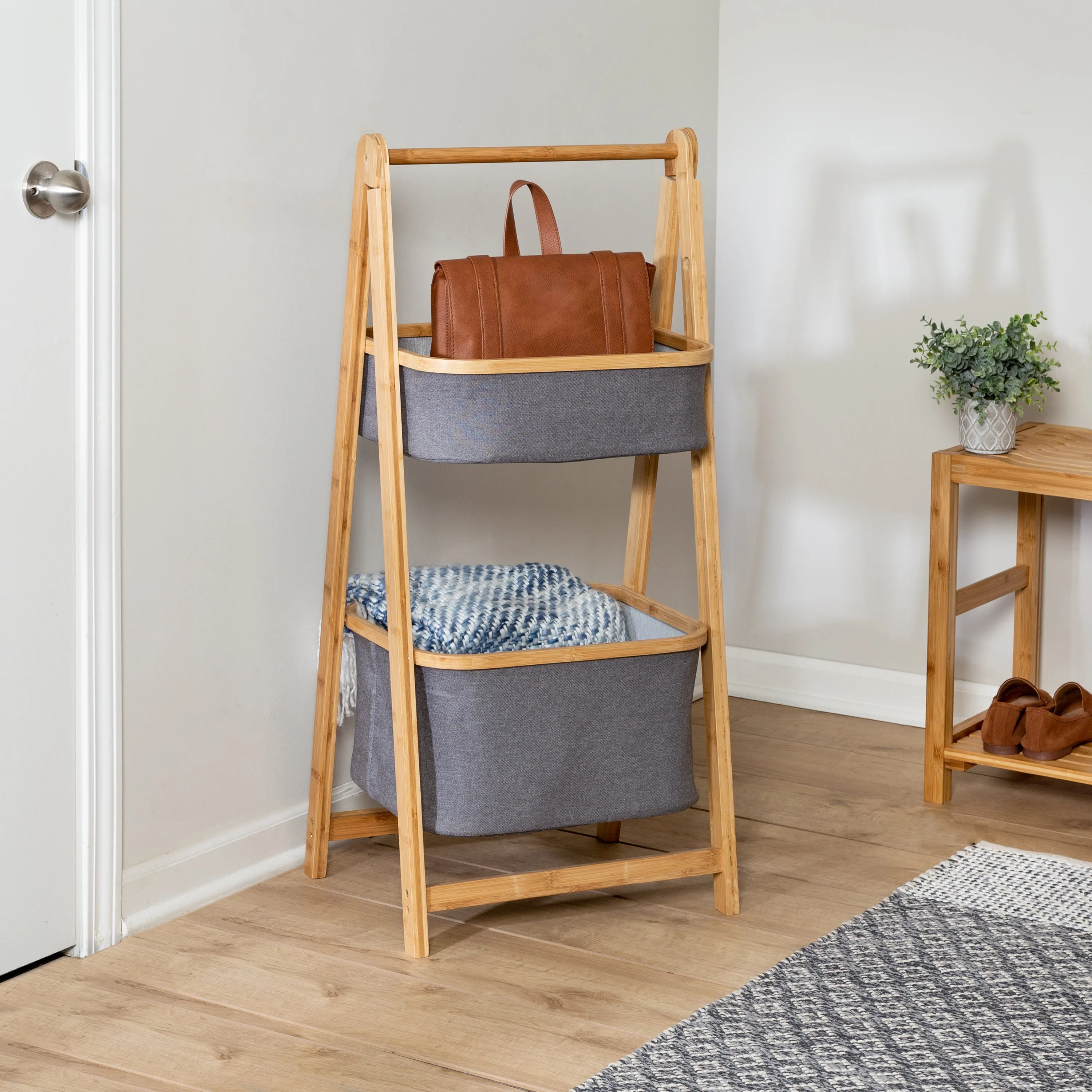 Bamboo/Gray Canvas 2-Tier Storage Caddy