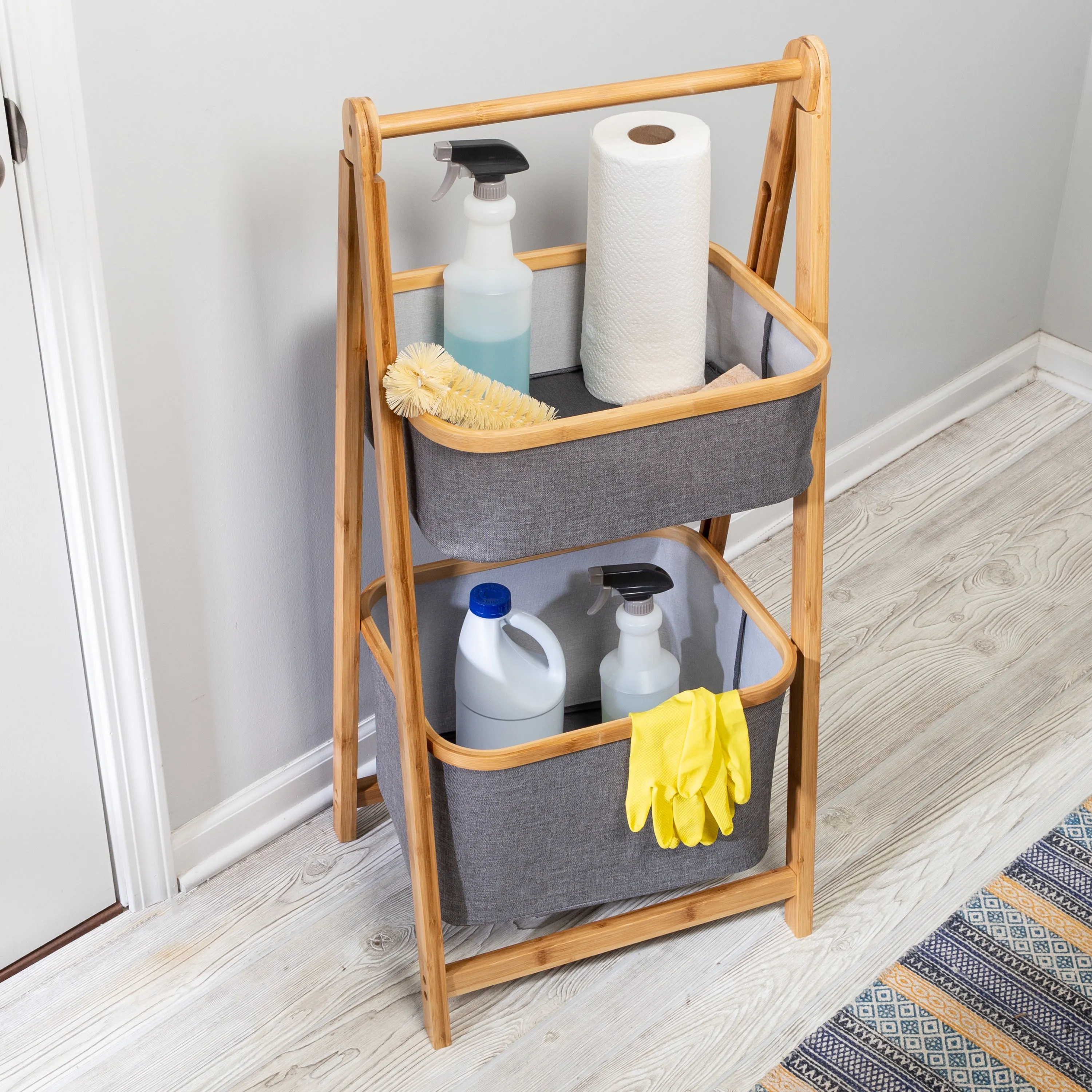 Bamboo/Gray Canvas 2-Tier Storage Caddy