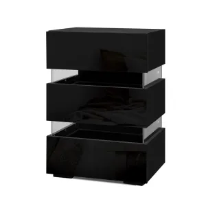 Bedside Table Side Unit RGB LED Lamp 3 Drawers Nightstand Gloss Furniture Black