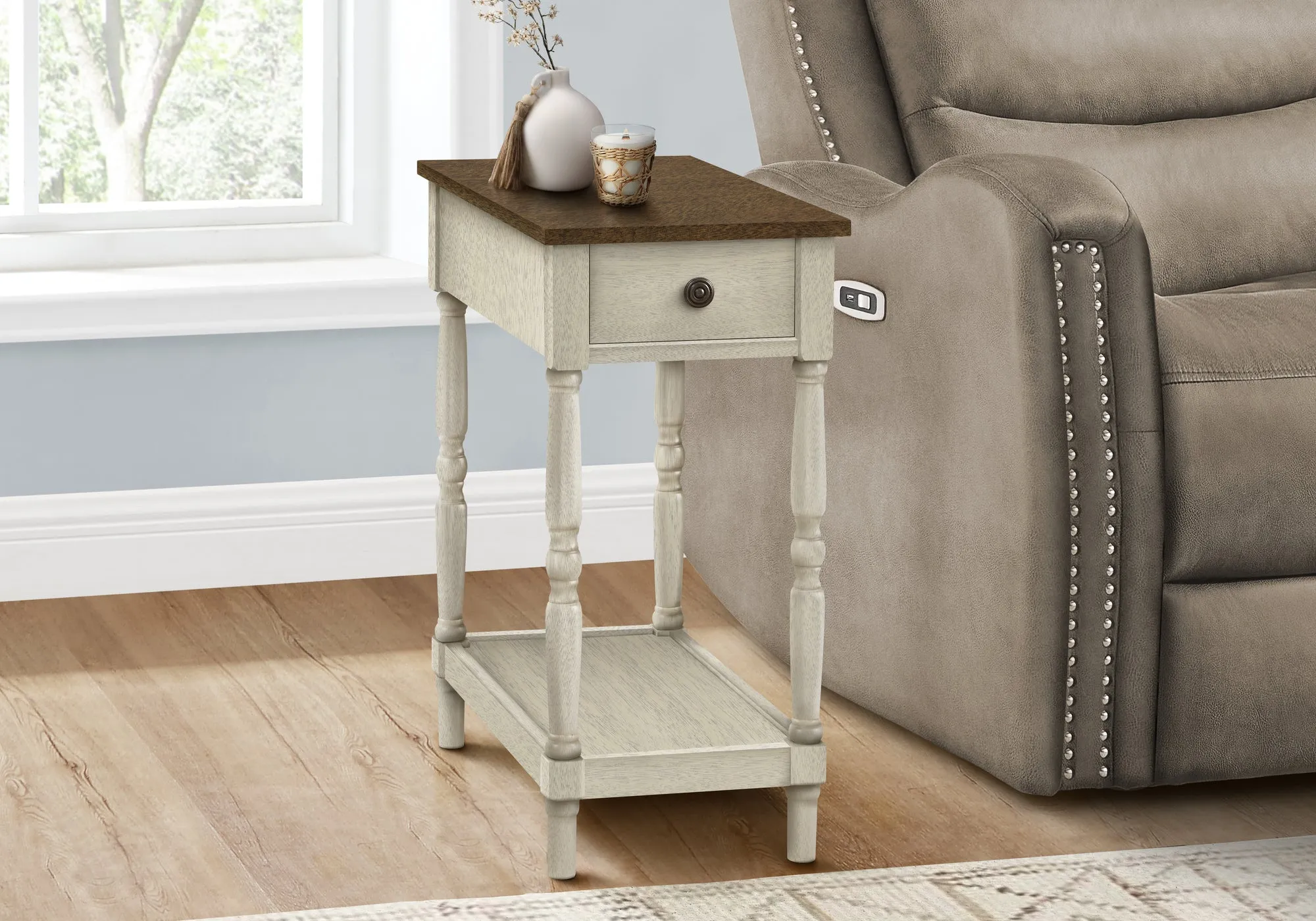 Brown and Antique White 2 Tier Accent Table