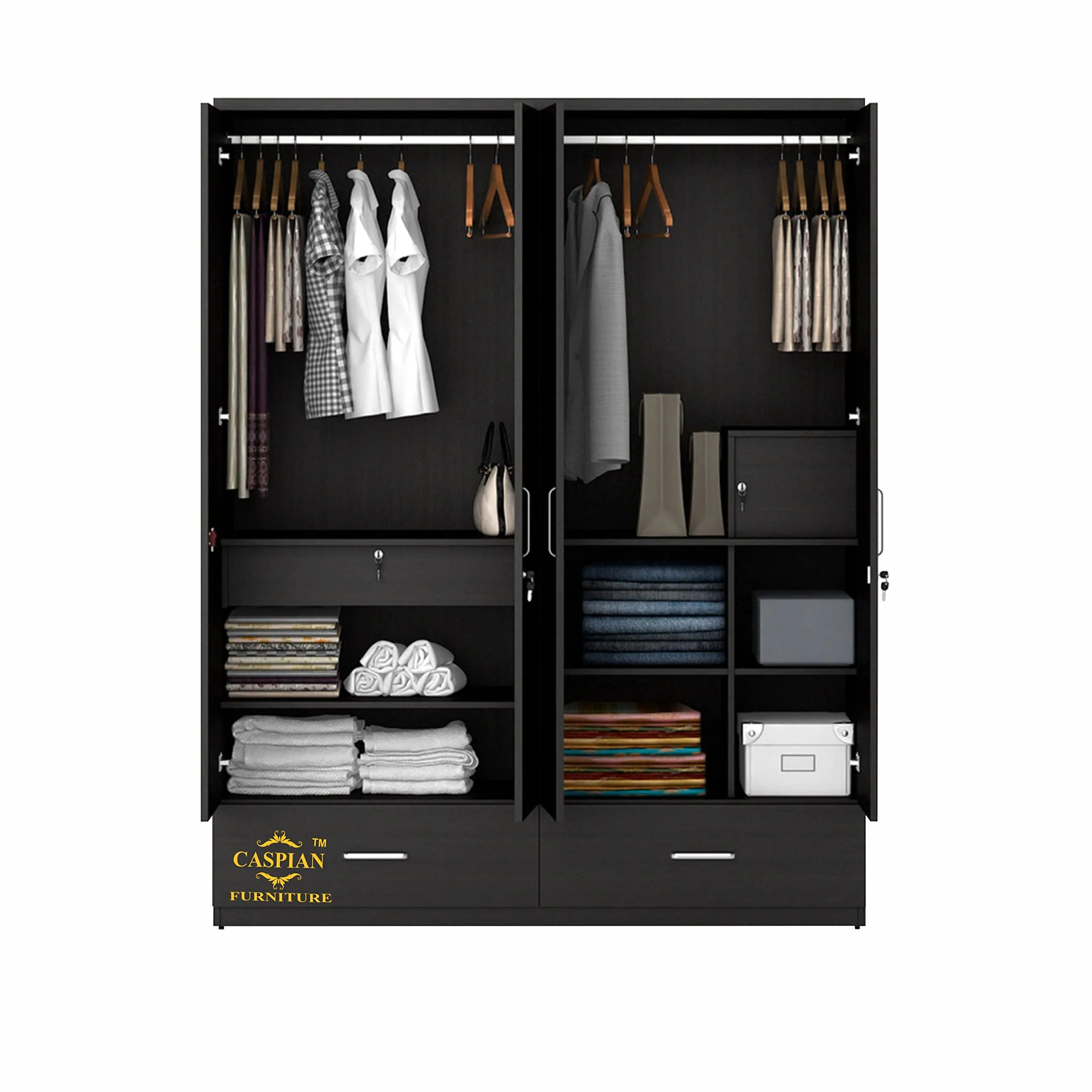 CASPIAN Furniture 4 Door Wooden Wardrobe with 3 Drawers 8 Shelves and Clothes Home Storage Cabinet Shoerack (Coffee Black Size 75 x 60 x 19 inches) (Coffee Black with Mirror)