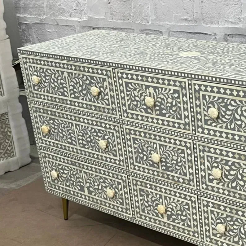 Handmade Bone Inlay Chest of Nine Drawers Dresser