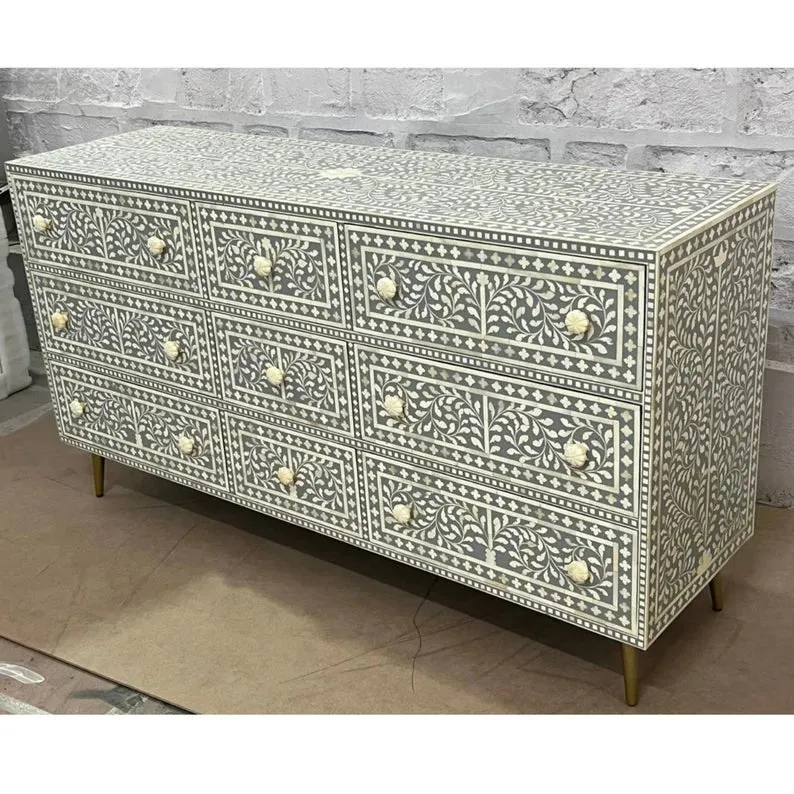 Handmade Bone Inlay Chest of Nine Drawers Dresser