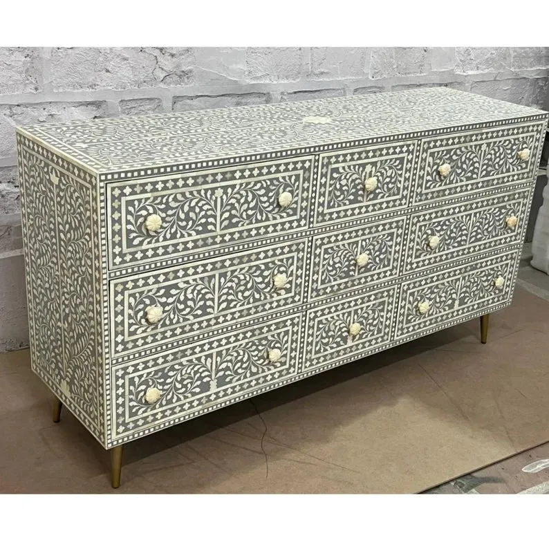 Handmade Bone Inlay Chest of Nine Drawers Dresser