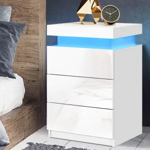 High Gloss Bedside Table Drawers RGB LED Nightstand 3 Drawers White