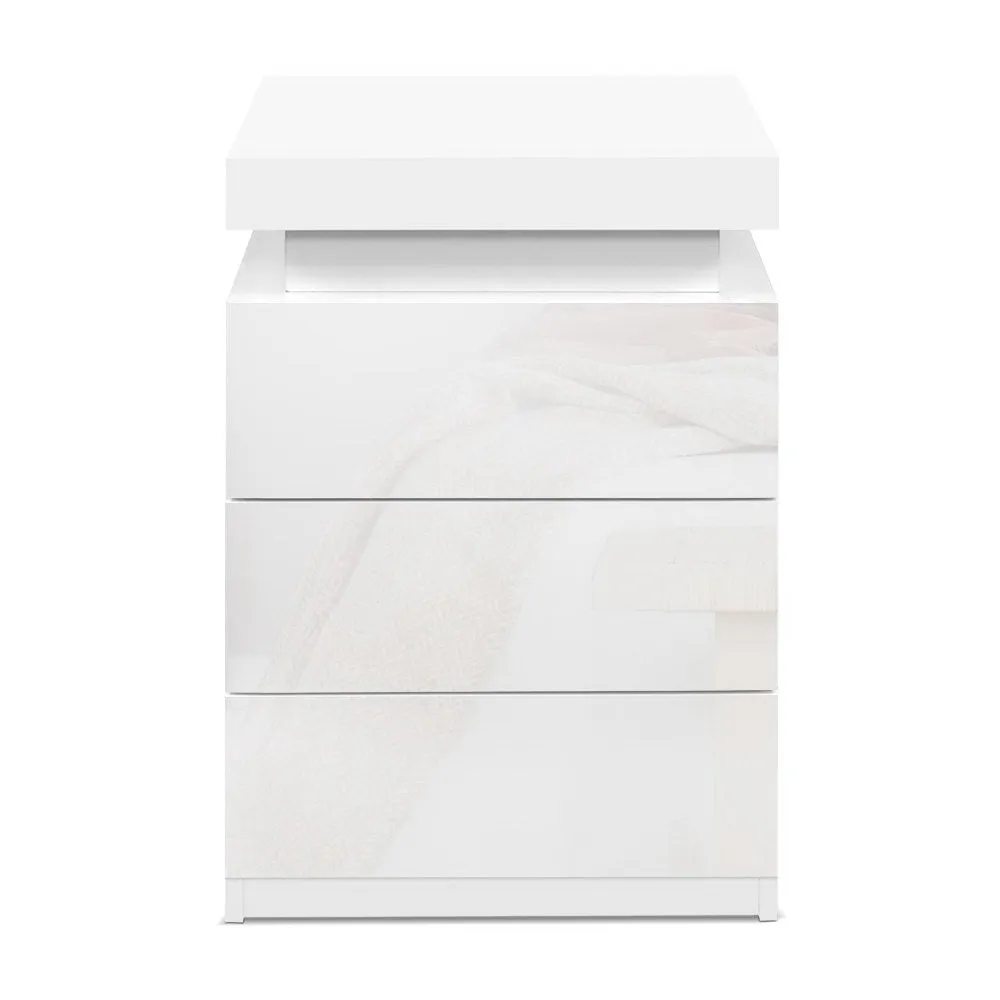 High Gloss Bedside Table Drawers RGB LED Nightstand 3 Drawers White