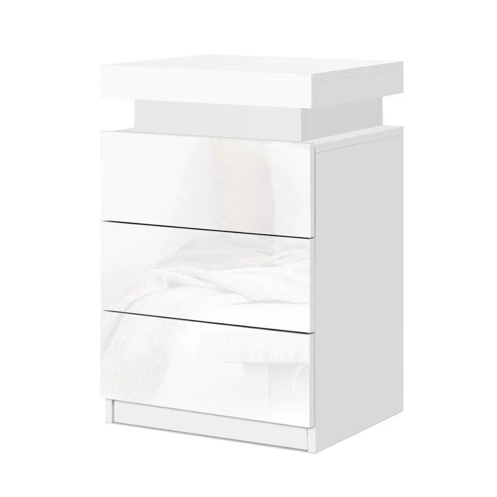 High Gloss Bedside Table Drawers RGB LED Nightstand 3 Drawers White