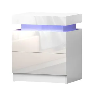 High Gloss Bedside Table Drawers RGB LED Nightstand White