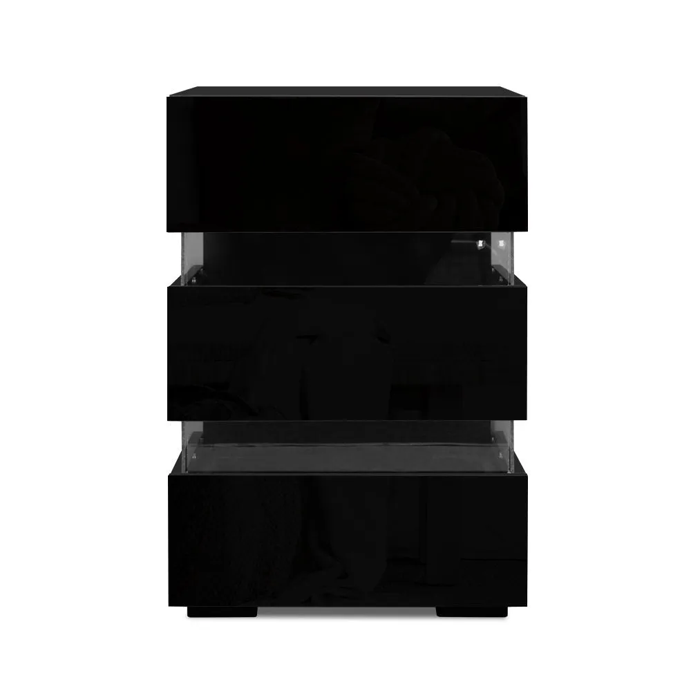 High Gloss Front Bedside Table Nightstand 3 Drawers RGB LED Black