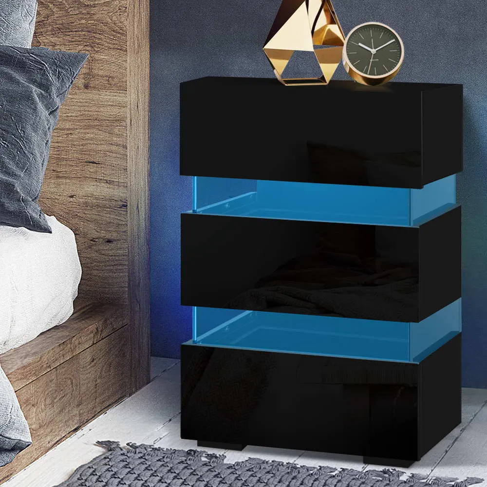 High Gloss Front Bedside Table Nightstand 3 Drawers RGB LED Black