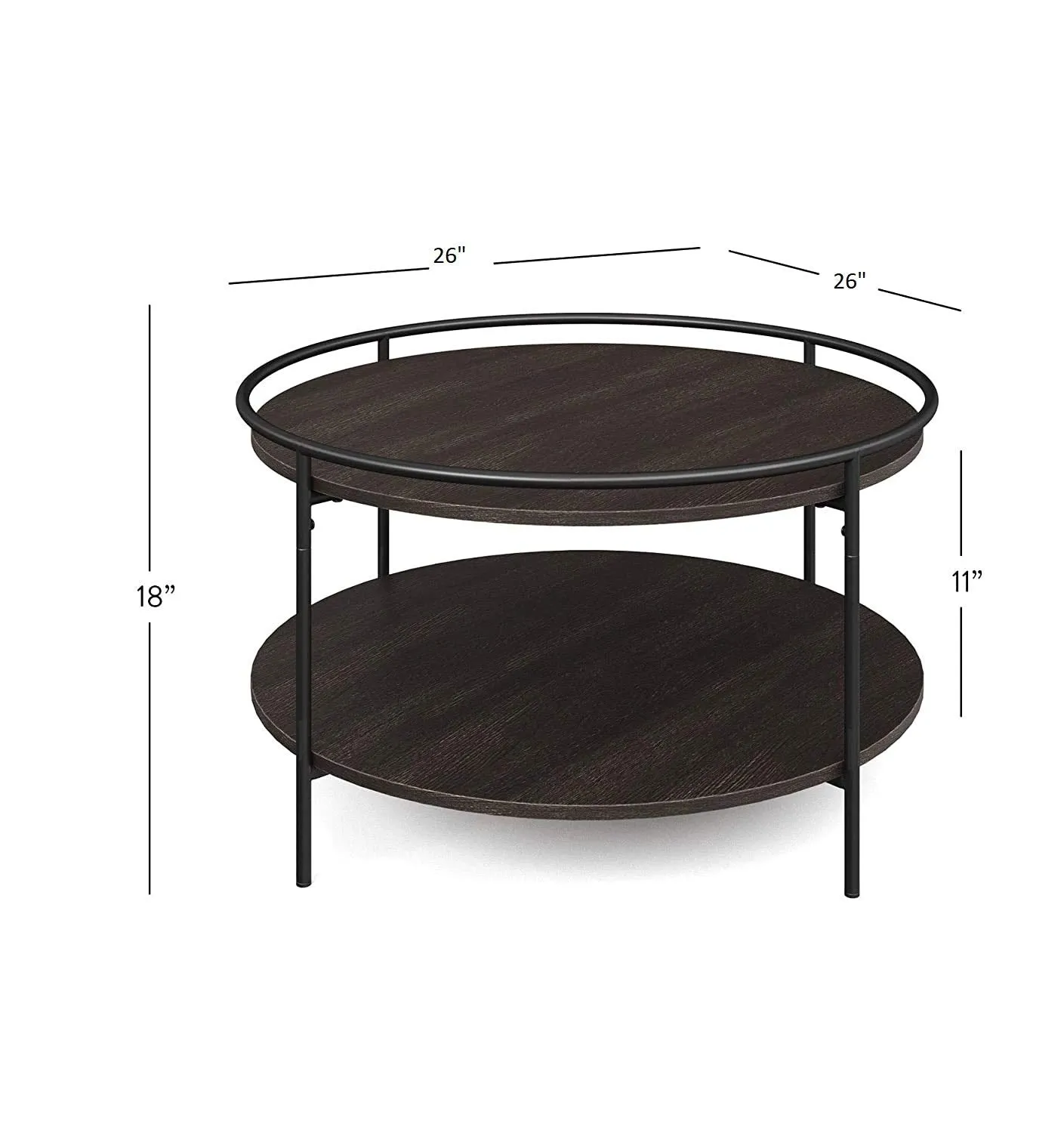 INDIAN DECOR. 45389 Round Coffee Tea or Cocktail with Raised Tray Top Edge Tables, 2-Tier Minimalist Style Living Room, Dark Oak/Matte Black