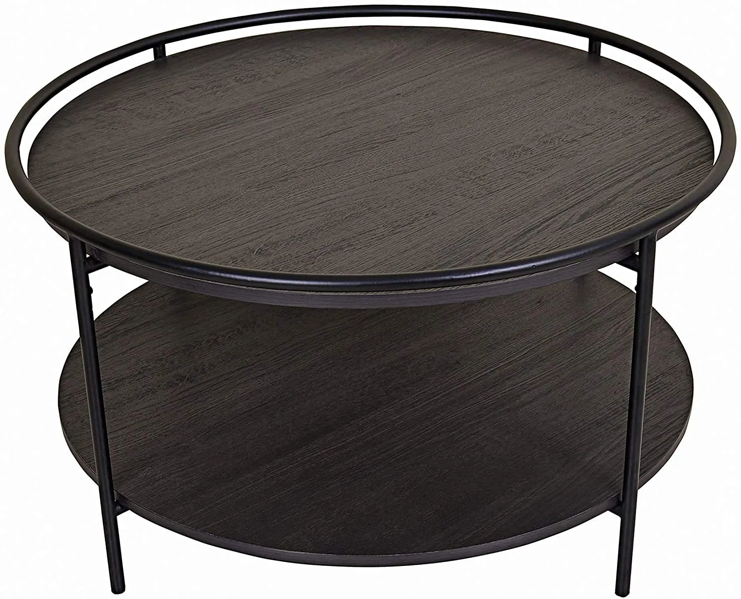 INDIAN DECOR. 45389 Round Coffee Tea or Cocktail with Raised Tray Top Edge Tables, 2-Tier Minimalist Style Living Room, Dark Oak/Matte Black