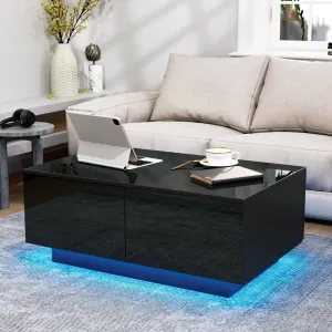 LED Coffee Table with 4 Drawers – Black High Gloss Center Table for Living Room