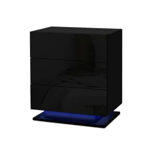 LED Light Bedside Table with 3 Drawers Gloss Black