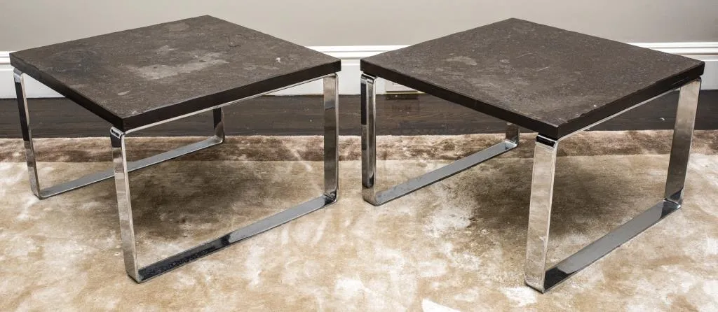 Modern Chrome End Tables W Stone Tops