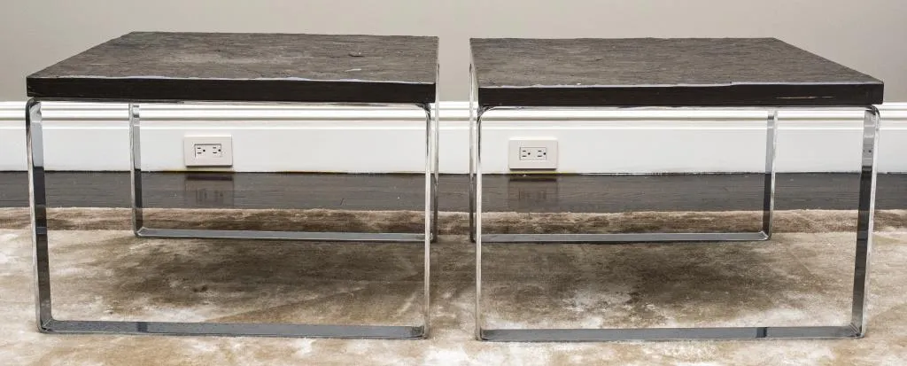 Modern Chrome End Tables W Stone Tops