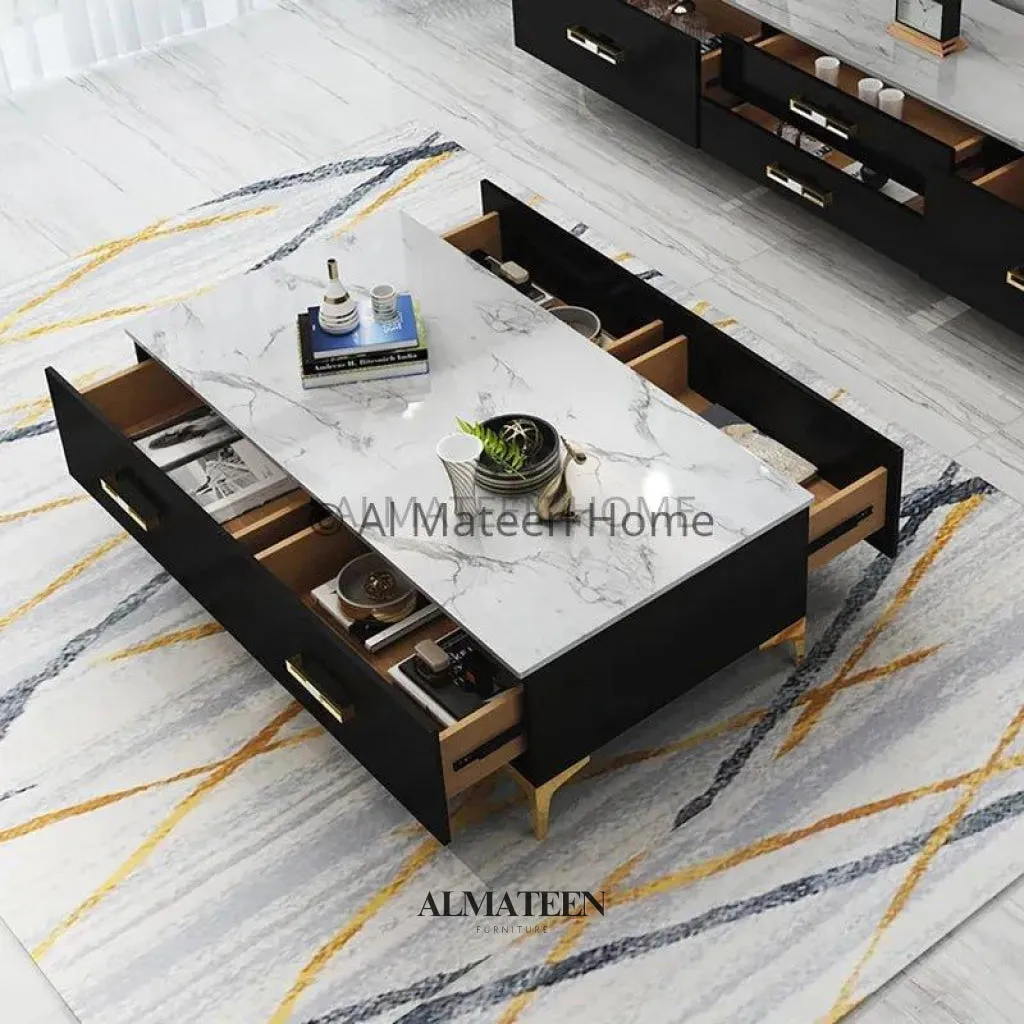 Rectangular White Marble Top Center Table with Gold Stainless Steel Legs and 4 Drawers