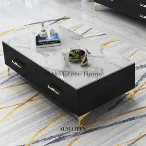 Rectangular White Marble Top Center Table with Gold Stainless Steel Legs and 4 Drawers